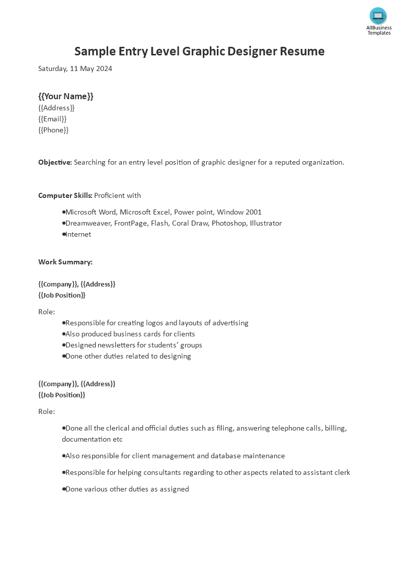 entry level designer resume template