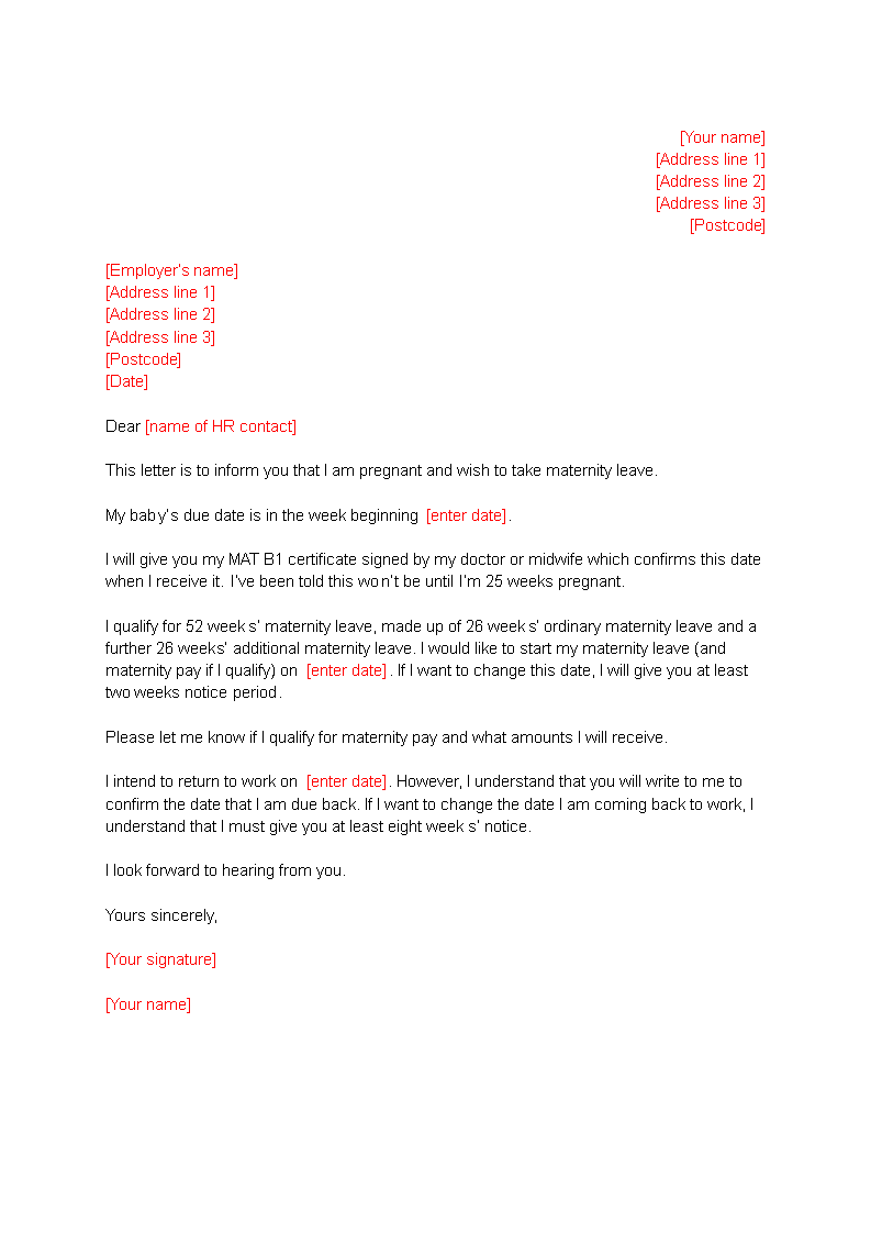 two week maternity notice letter template