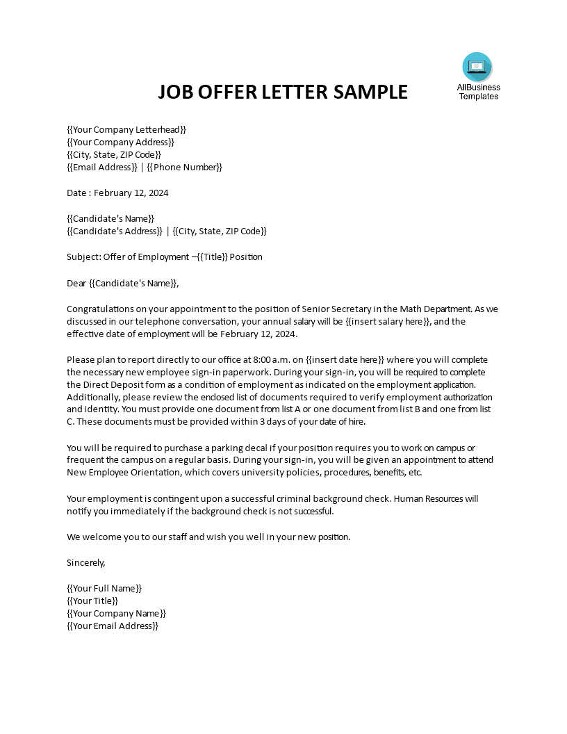 job offer letter modèles