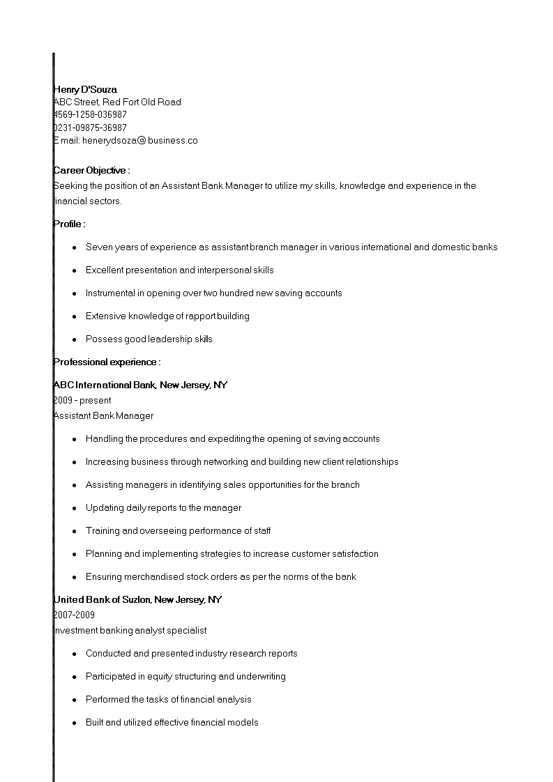 banking assistant manager resume template