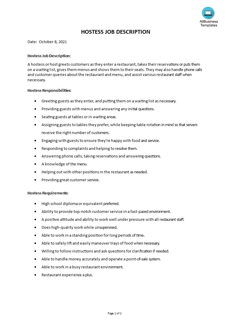 hostess job description template