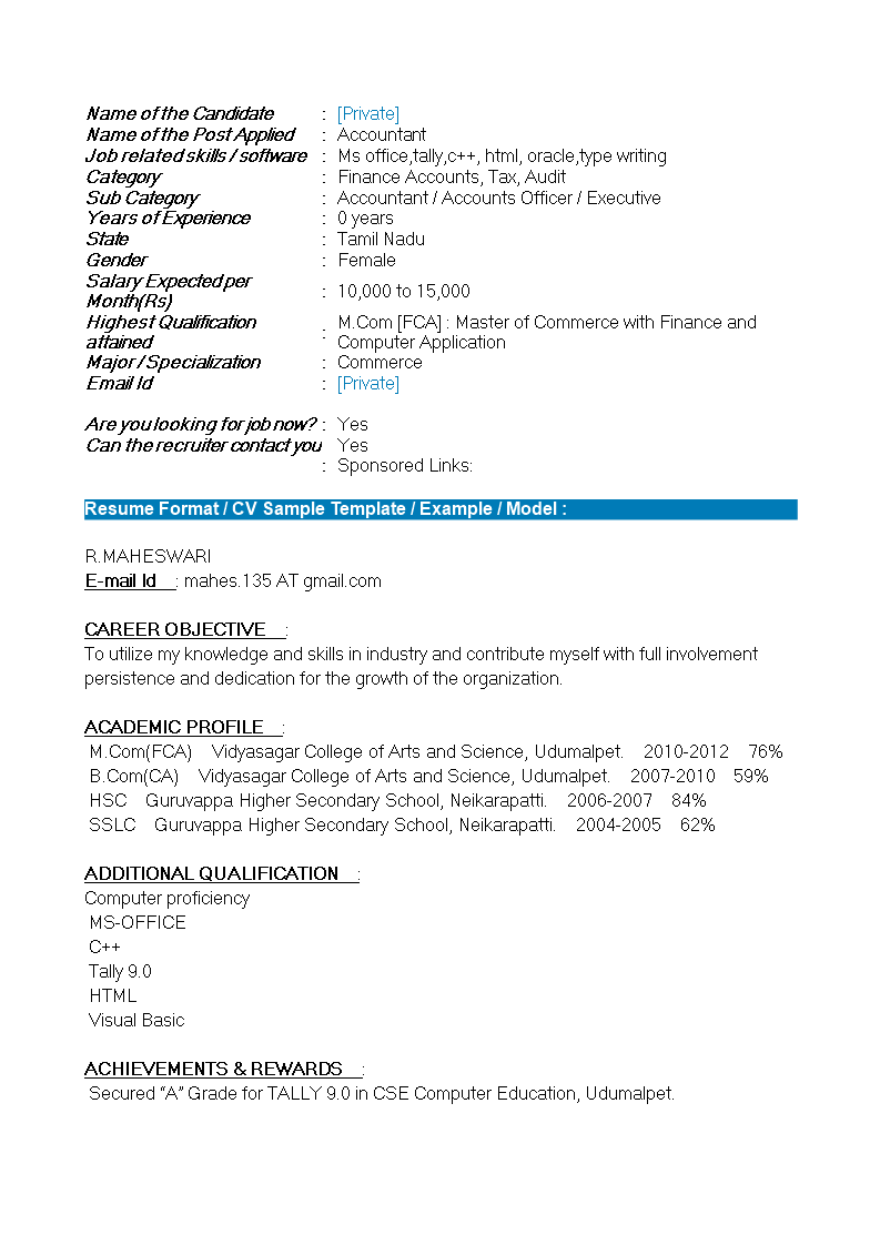 resume format for freshers in accountant