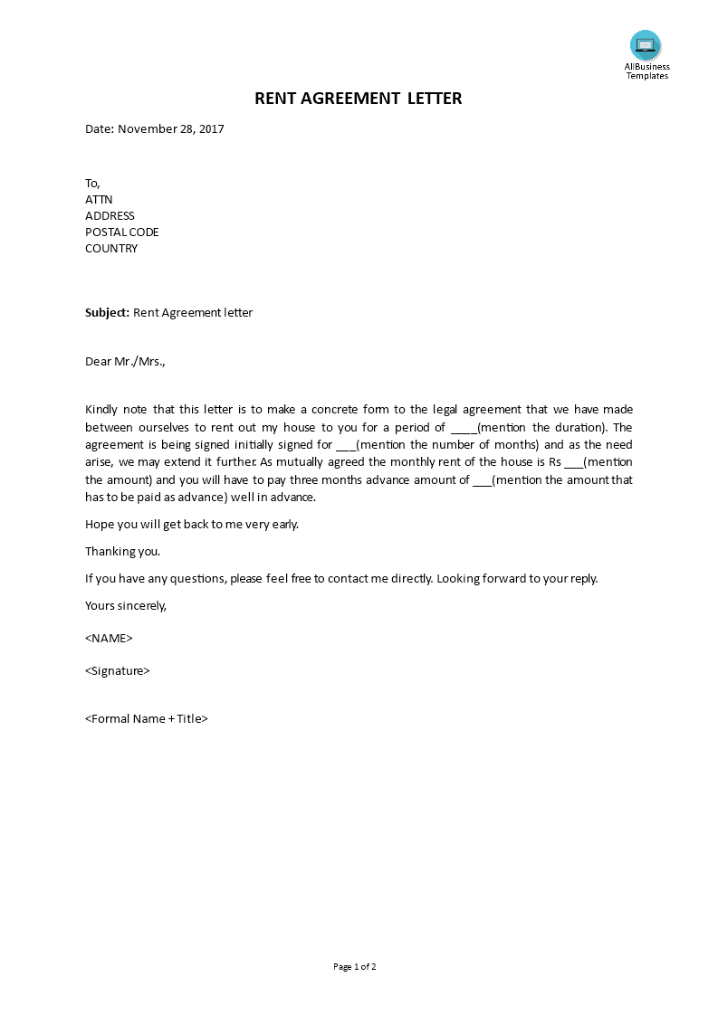 rent agreement letter plantilla imagen principal