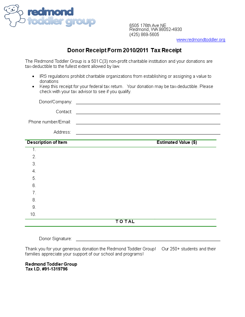 printable donor receipt form Hauptschablonenbild