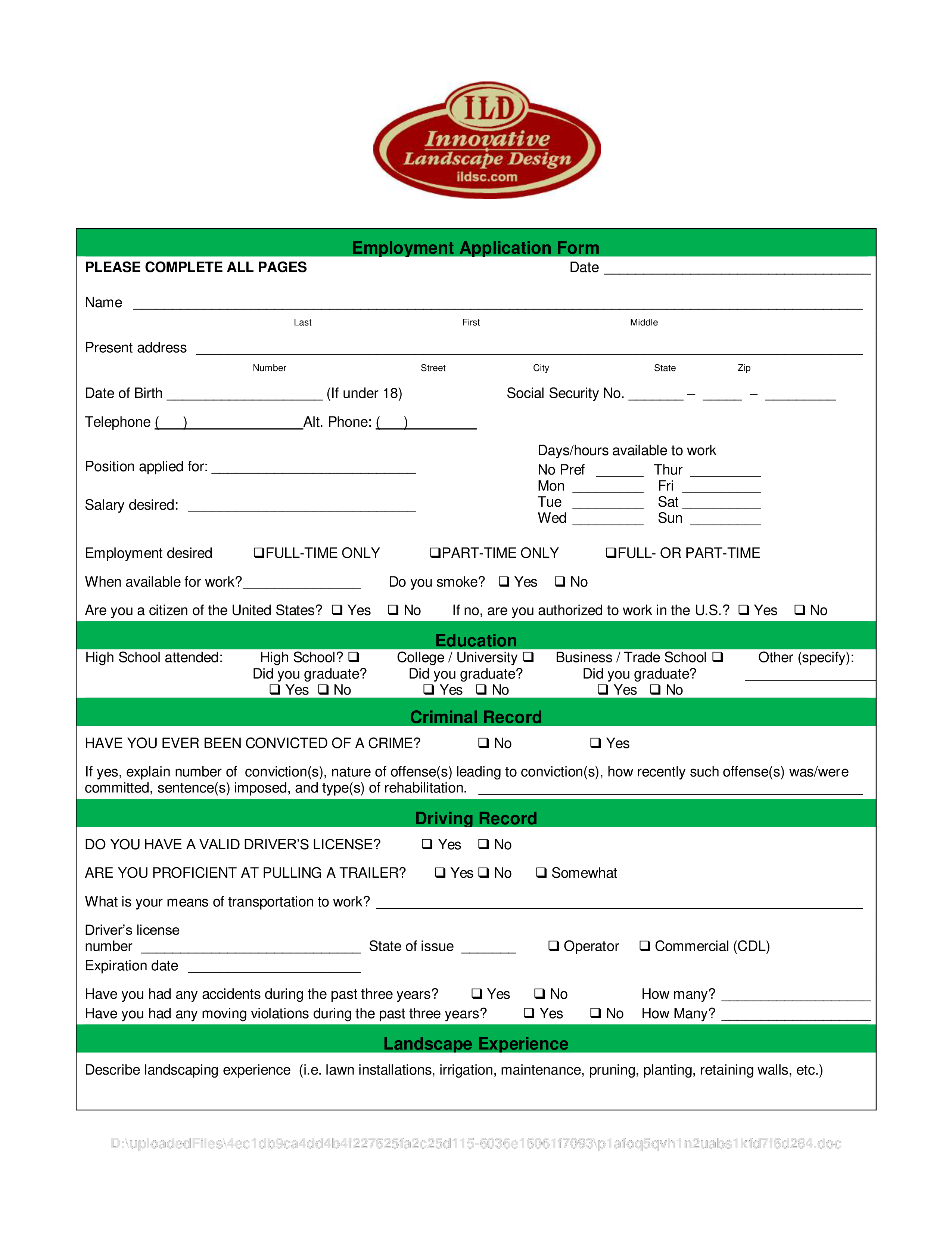 landscape employment application form template
