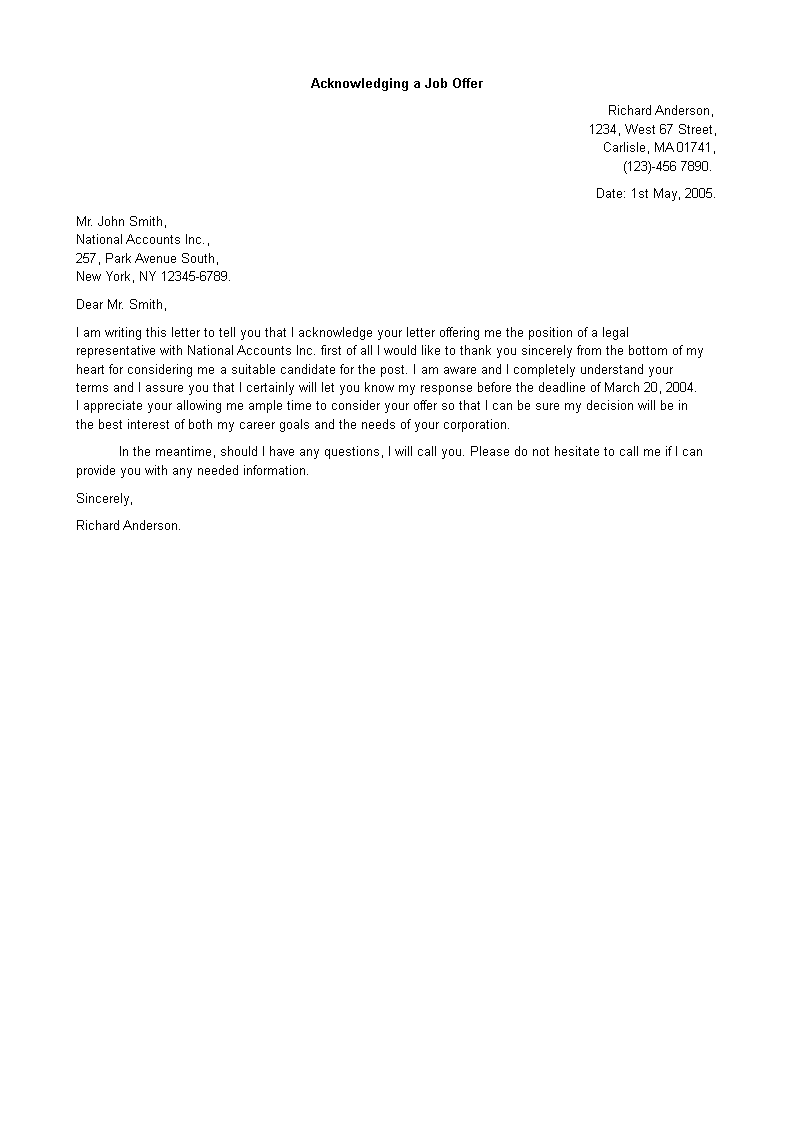 acknowledgement letter for job offer template