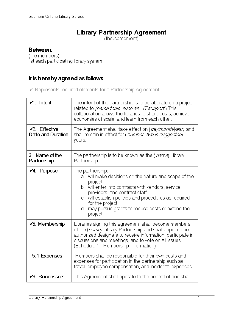 library partnership agreement in word modèles