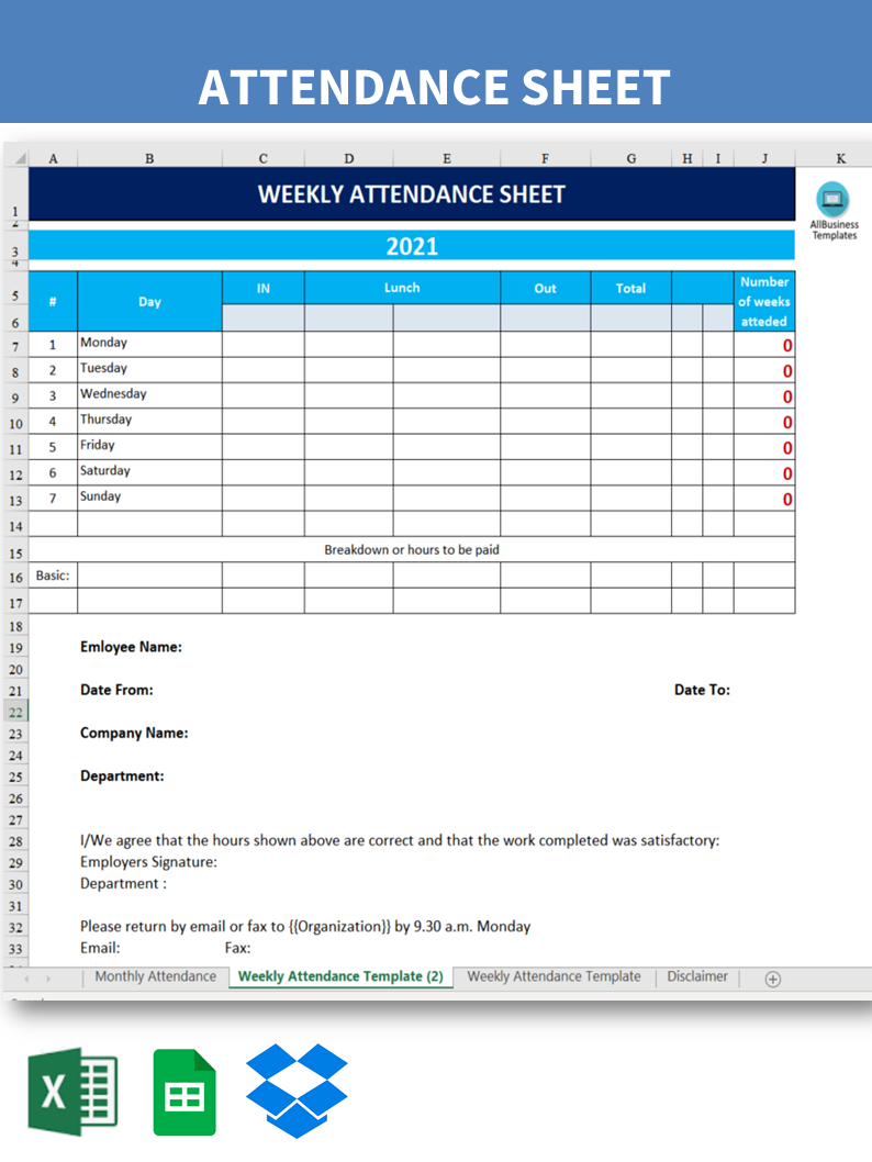 weekly attendance sheet modèles