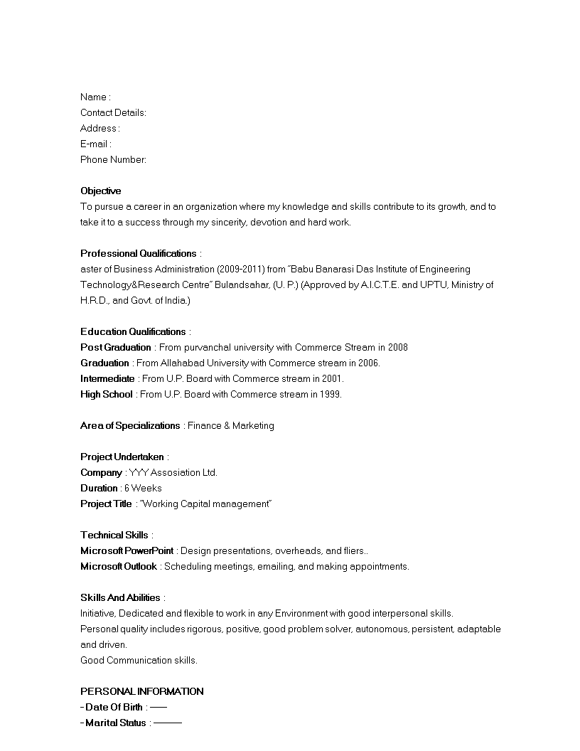 fresher marketing executive resume plantilla imagen principal