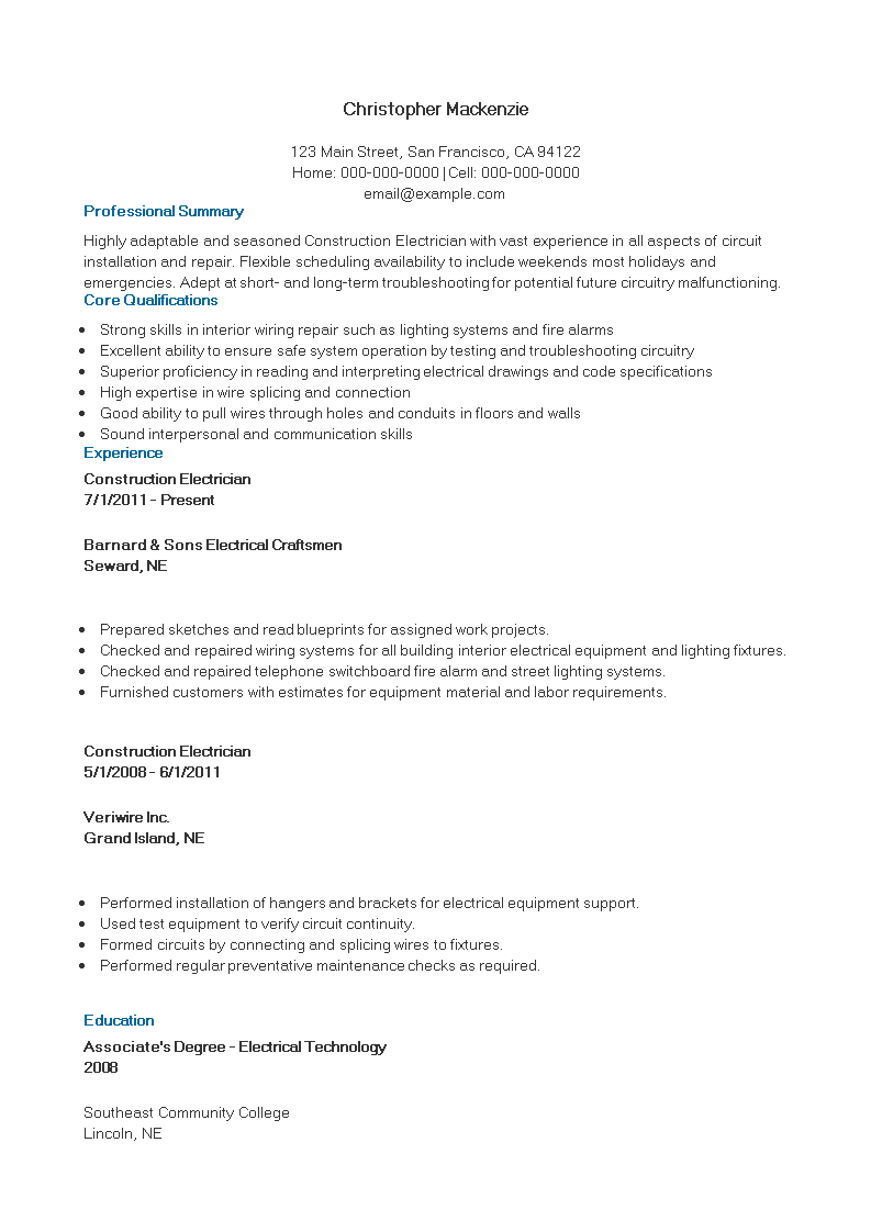 construction electrician template