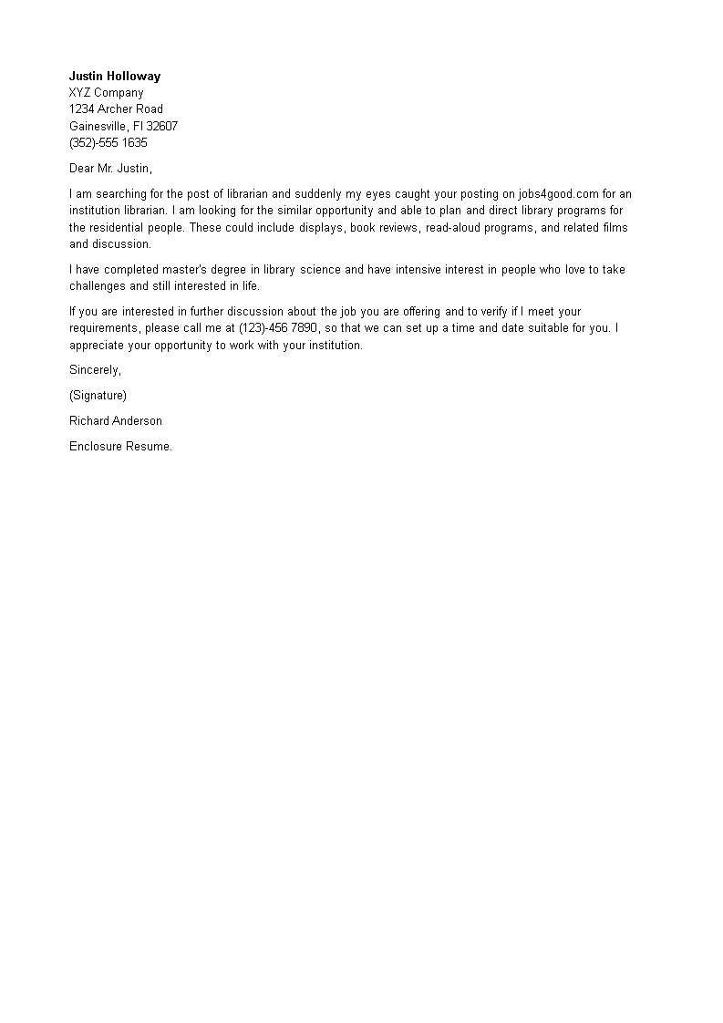 institution librarian cover letter example template