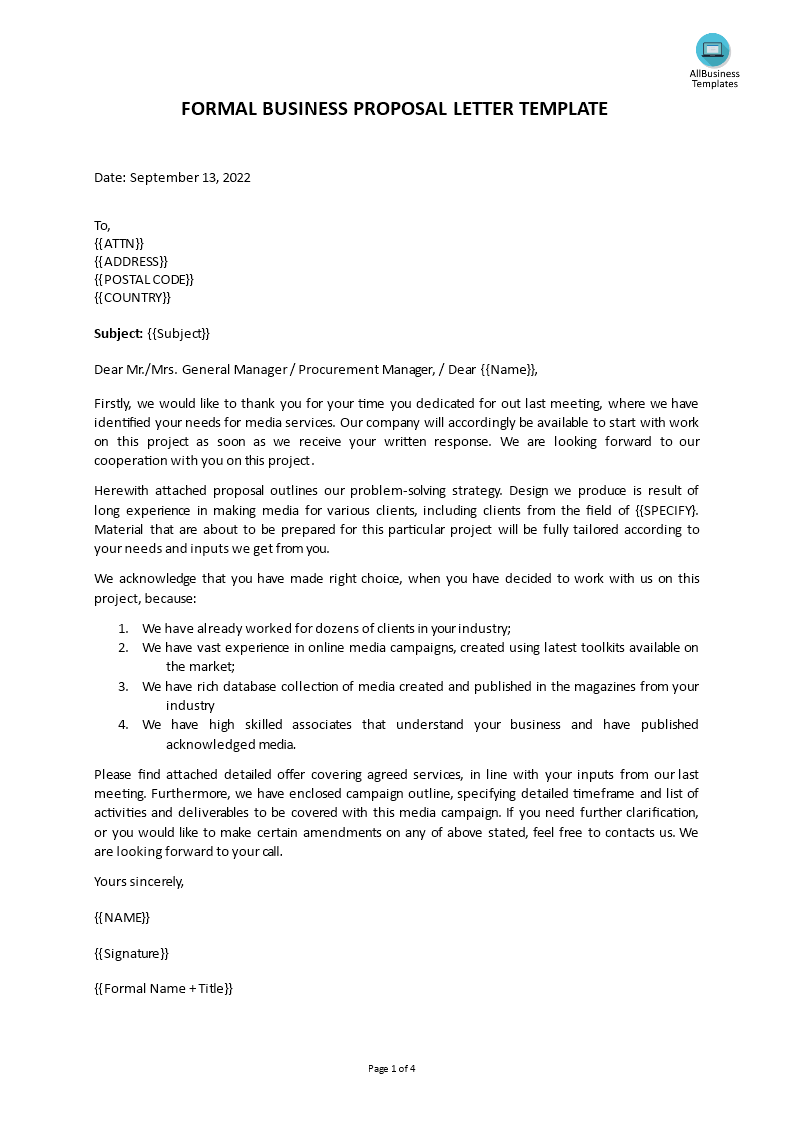 business proposal formal letter Hauptschablonenbild