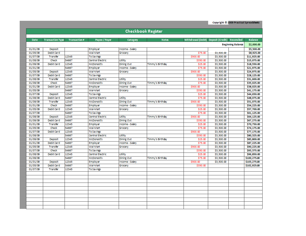 checkbook register sheet 模板