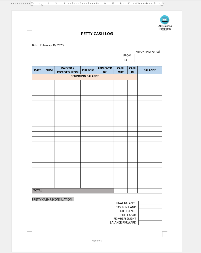 Petty Cash Log 模板