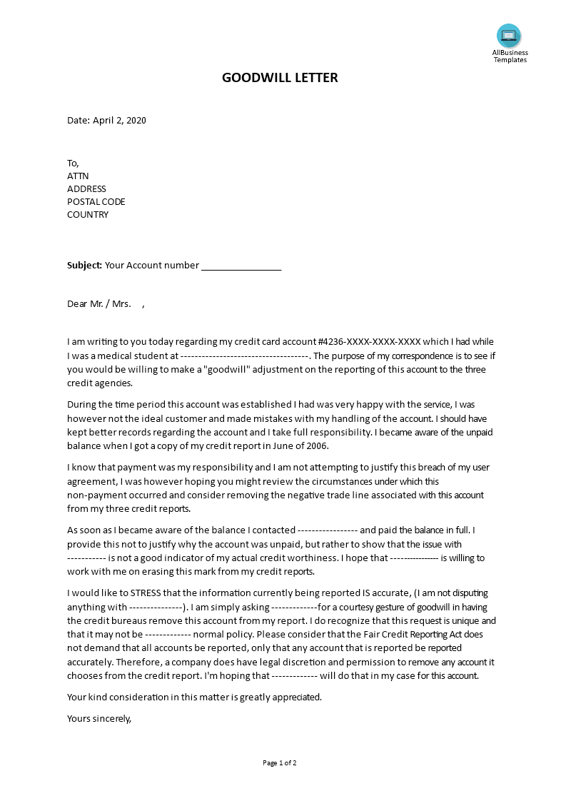 goodwill adjustment letter template