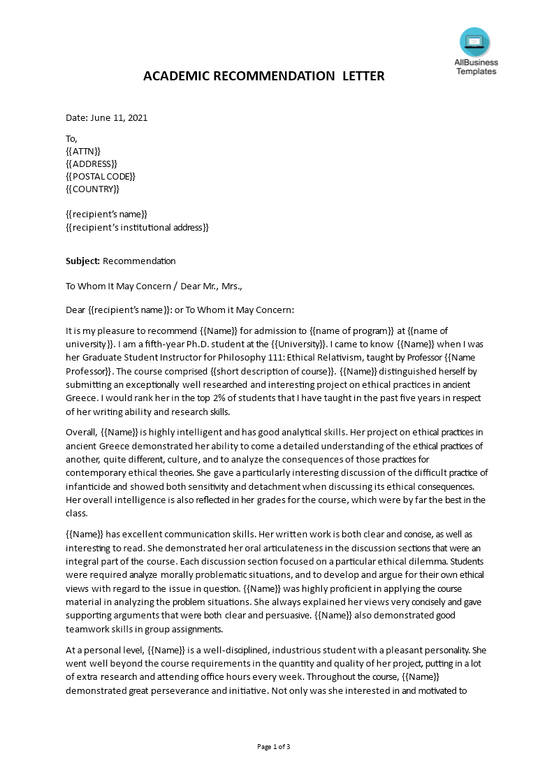 academic recommendation letter format template