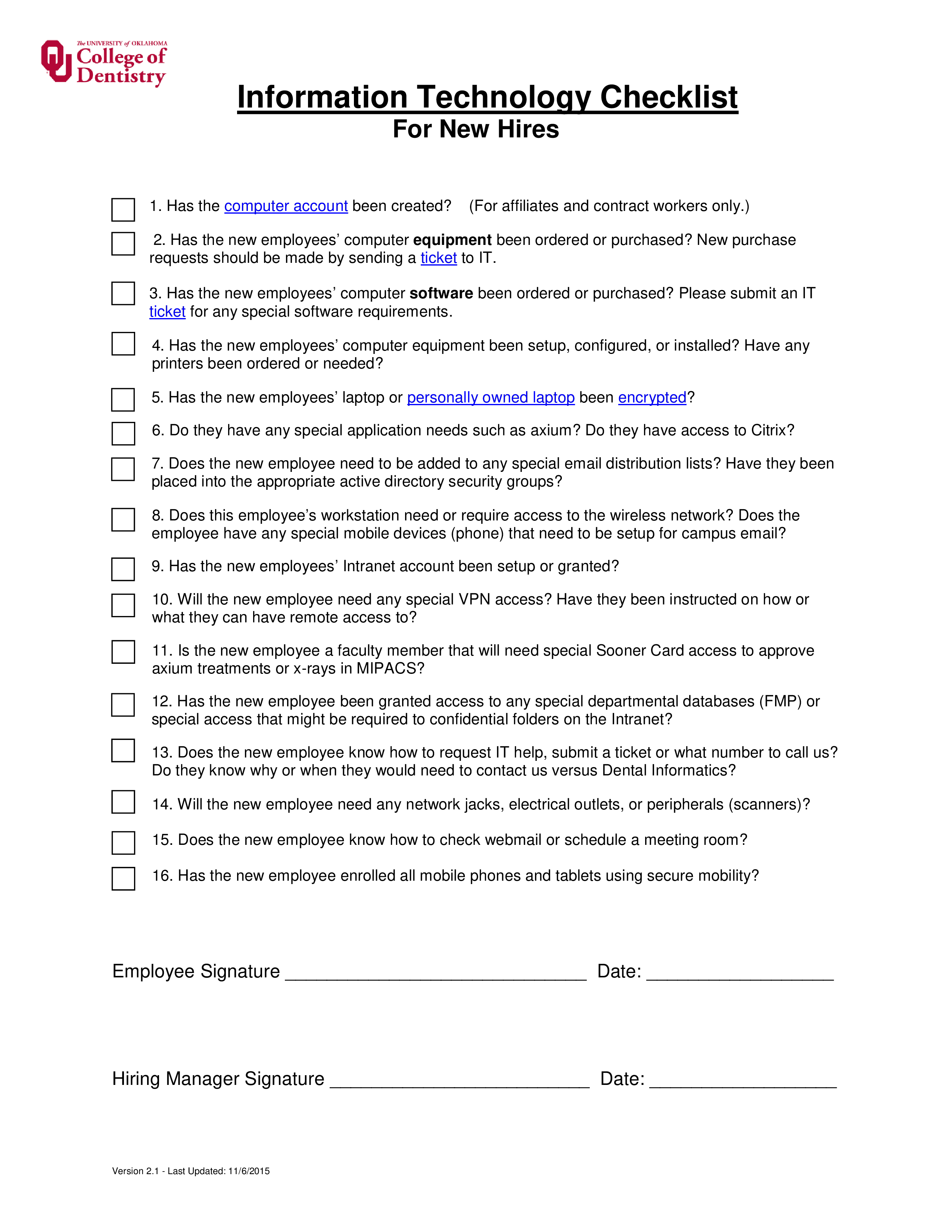 new employee computer checklist template