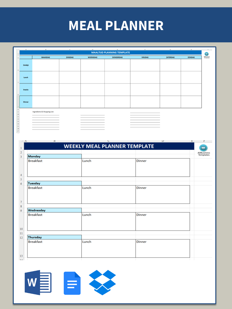 meal planner template voorbeeld afbeelding 