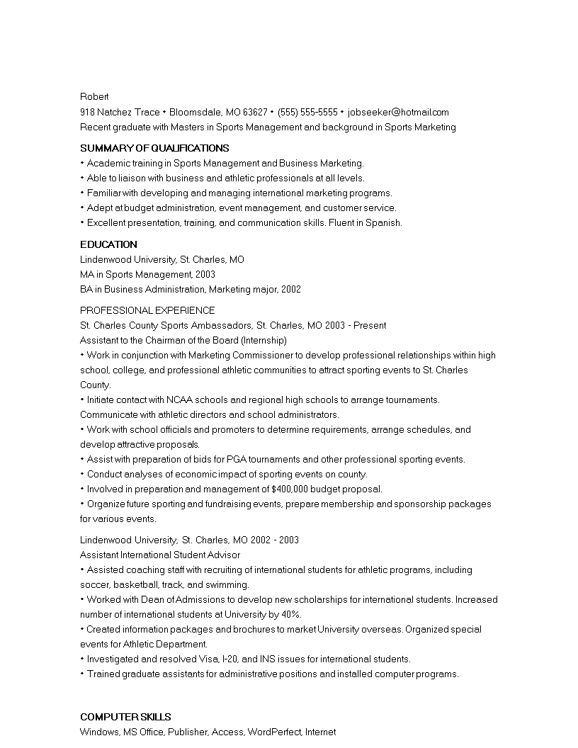 Entry Level Sports Marketing Resume 模板