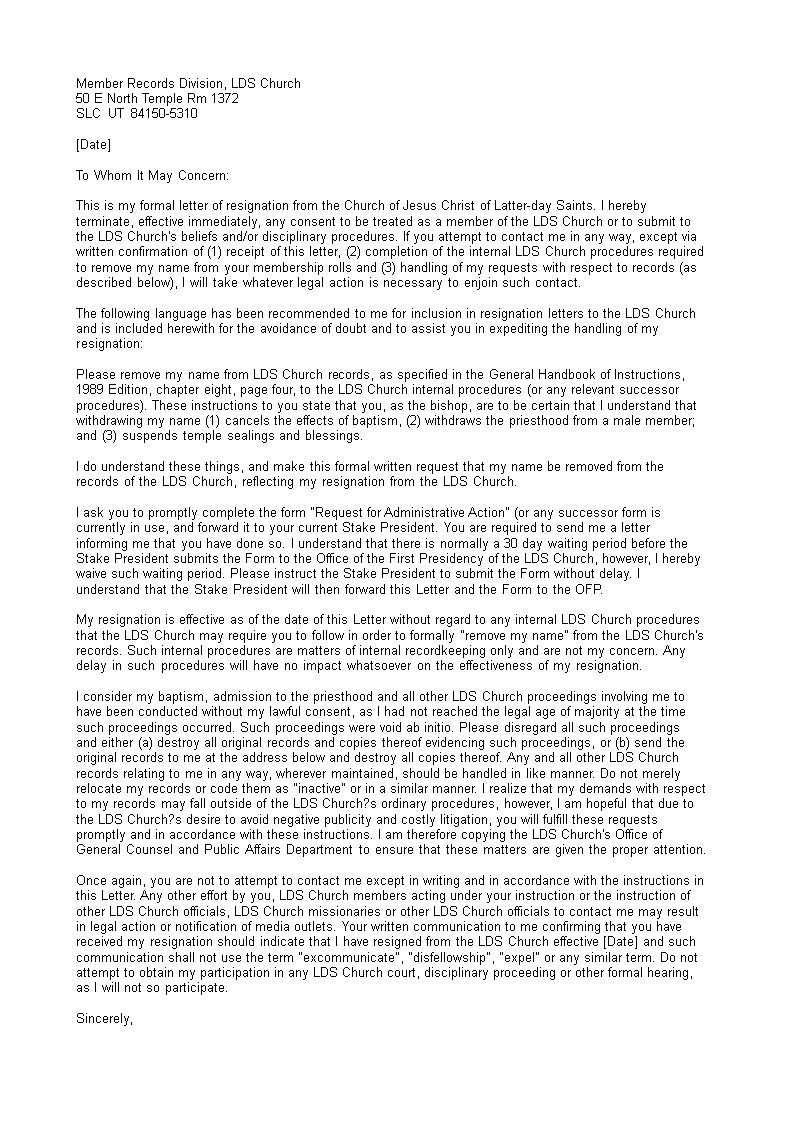 formal church resignation letter template