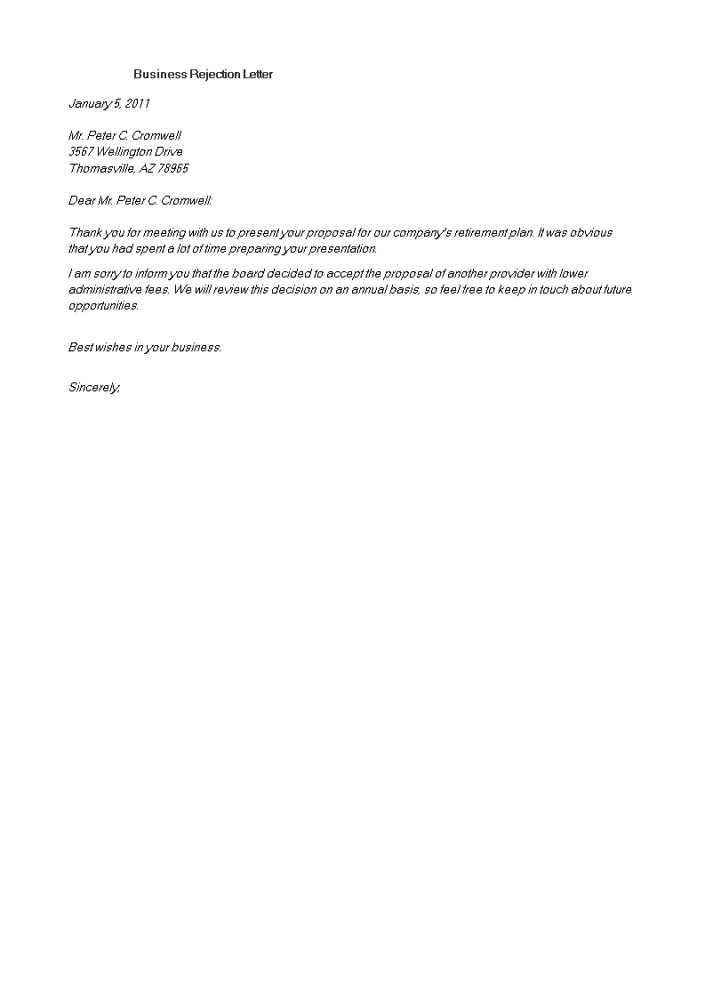 formal business rejection letter Hauptschablonenbild