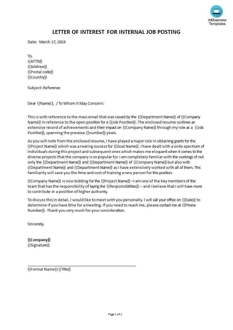 letter of interest for internal job posting modèles