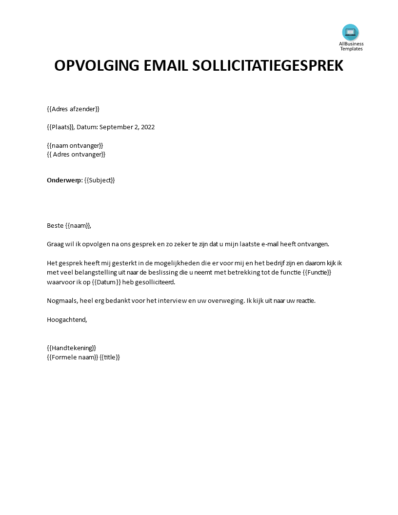 Email Opvolging Na Sollicitatiegesprek 模板
