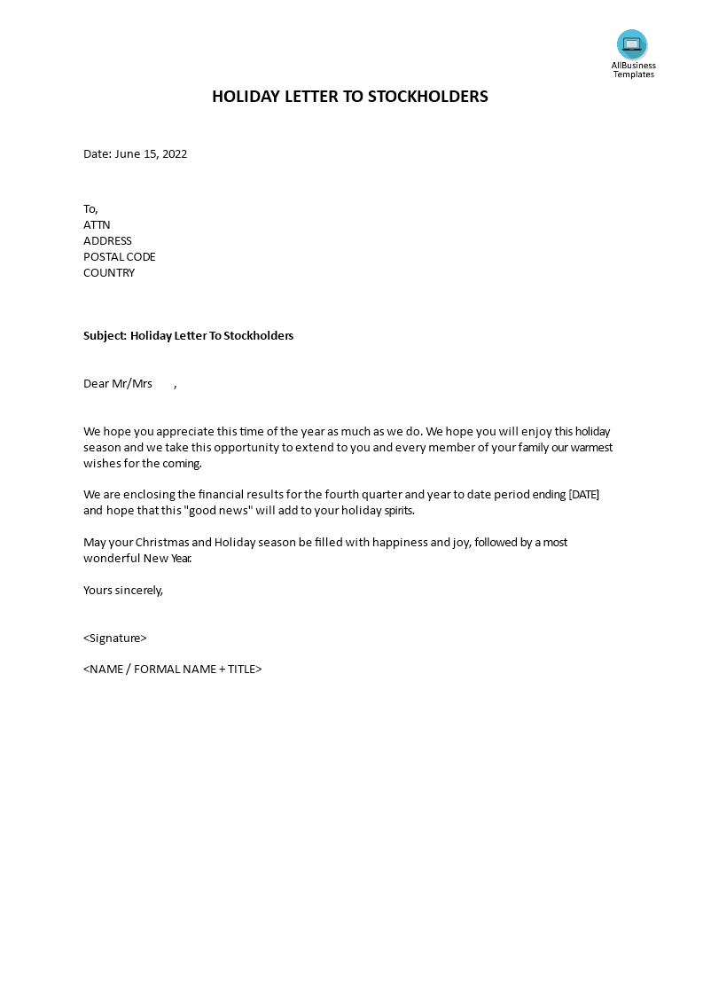 holiday letter to stockholders template