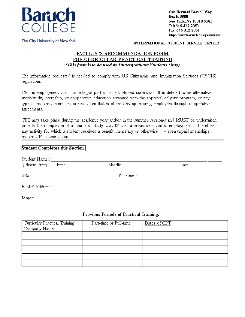 academic advisor's recommendation form template