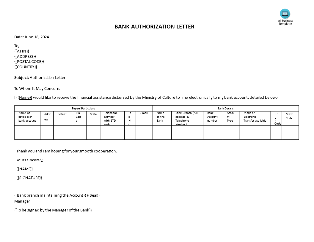 simple authorization letter to bank Hauptschablonenbild