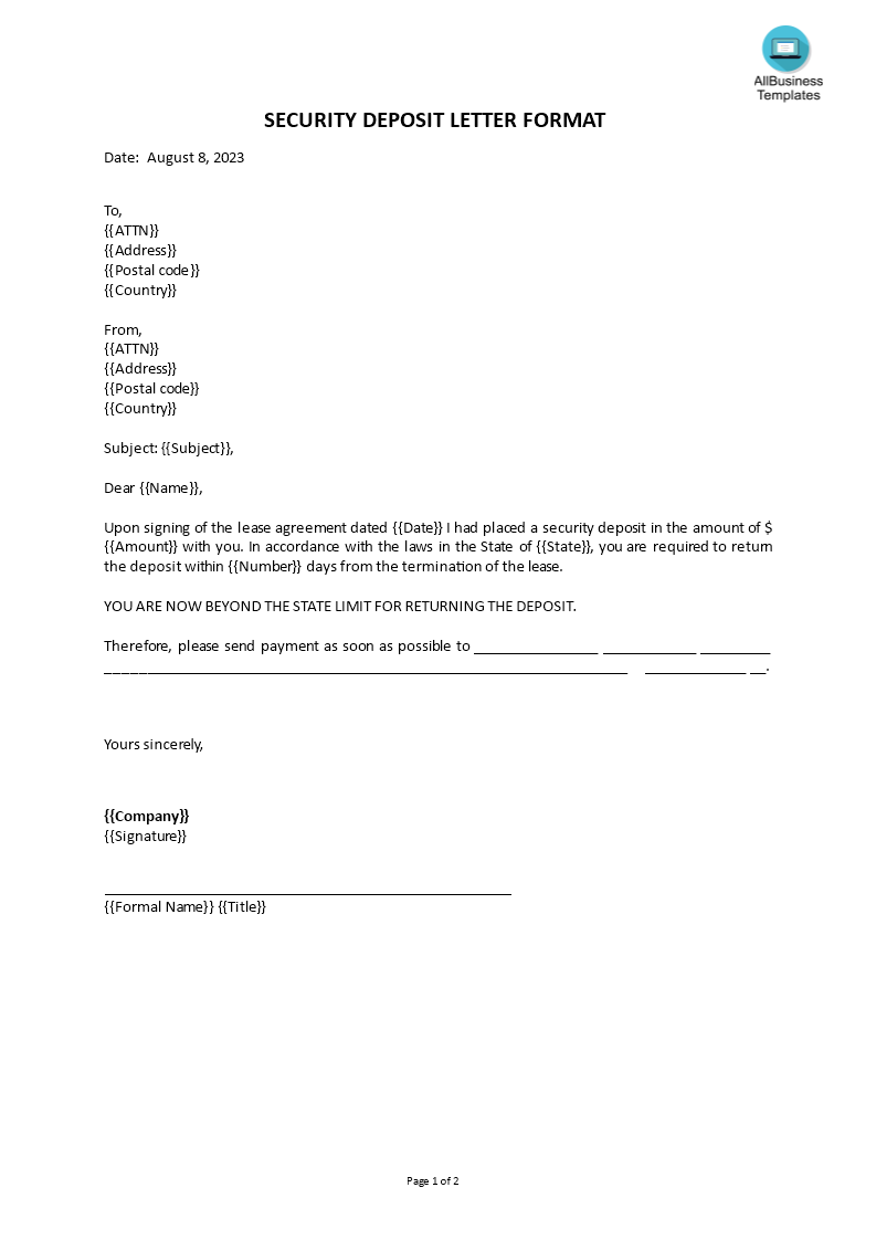 security deposit request letter format plantilla imagen principal