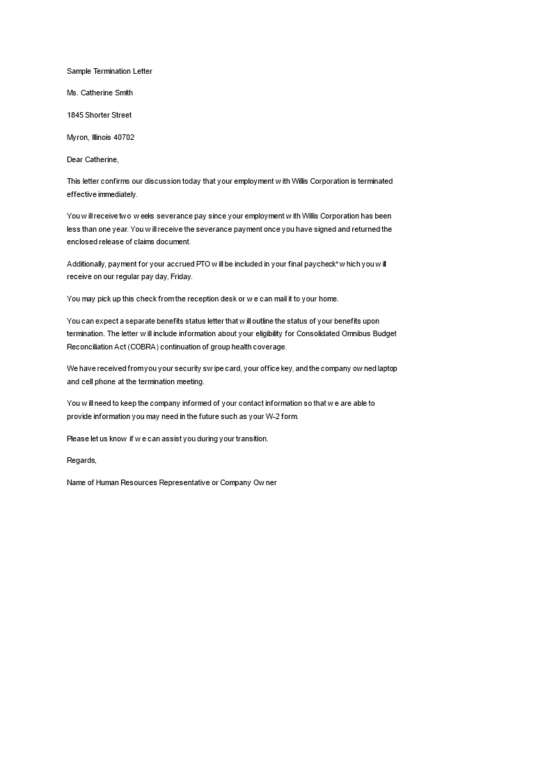 job termination letter to fire an employee voorbeeld afbeelding 