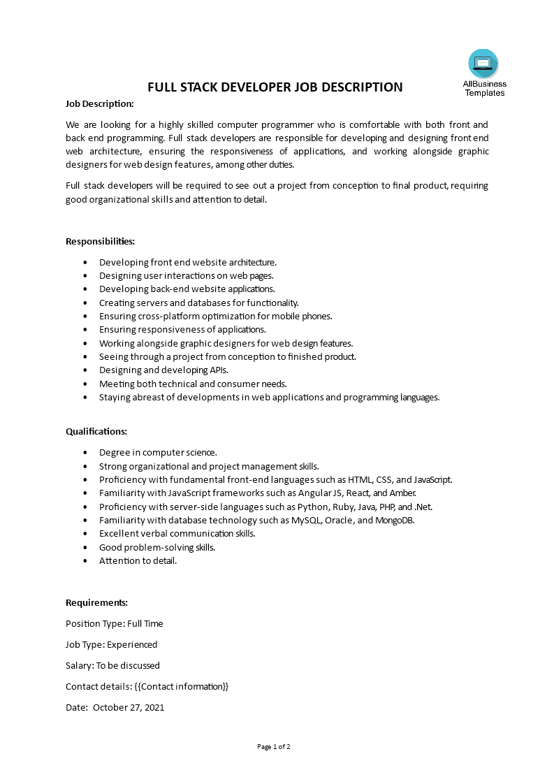 full stack developer job description template