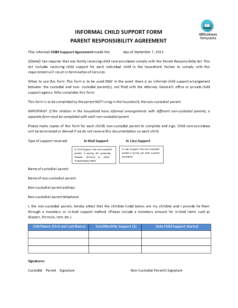 informal child support agreement modèles