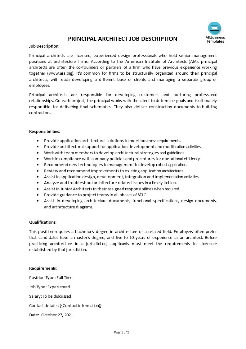 principal architect job description template