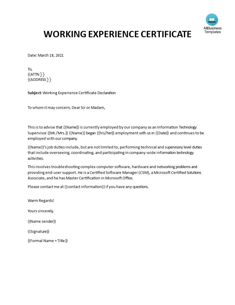 Experience Letter For Software Engineer main image