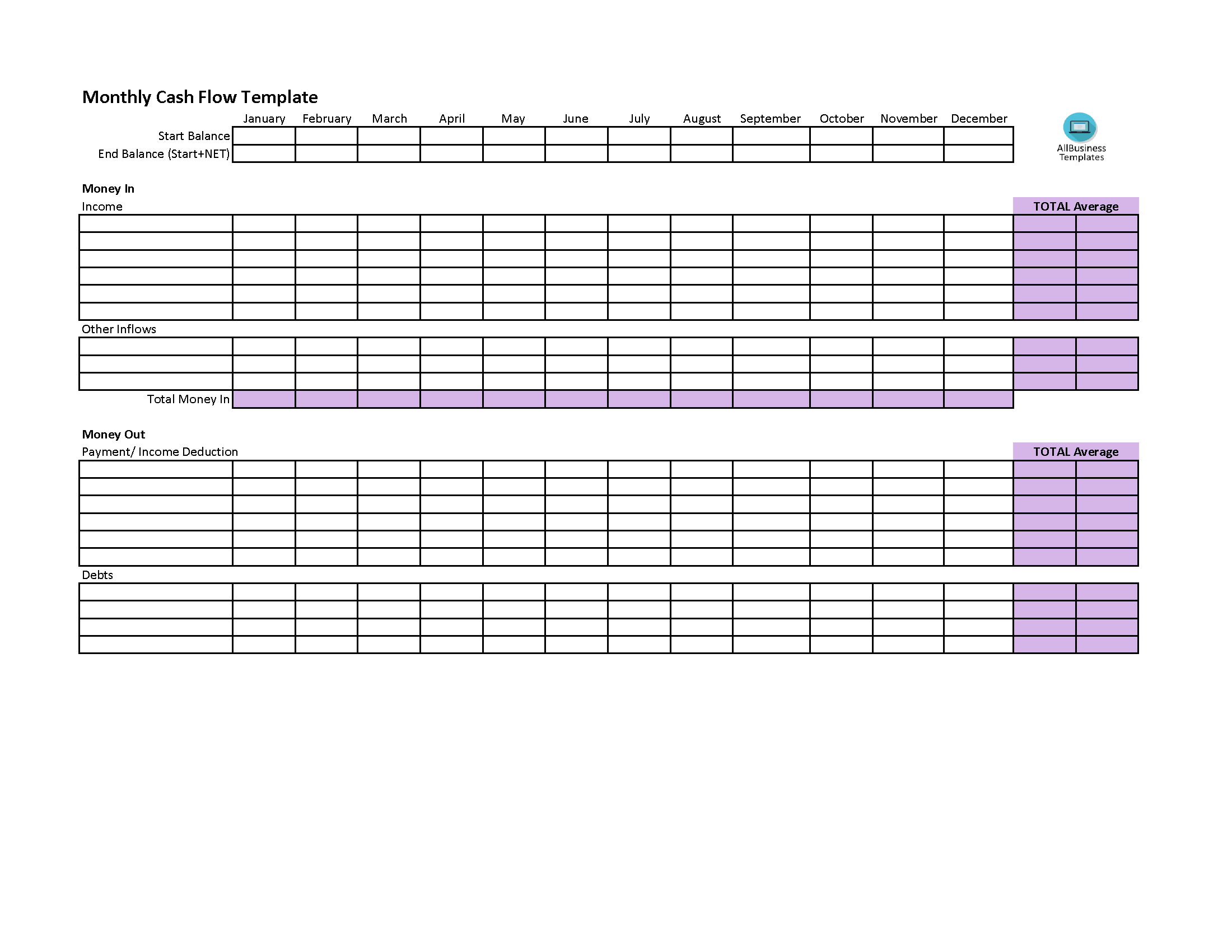 monthly cash flow chart template