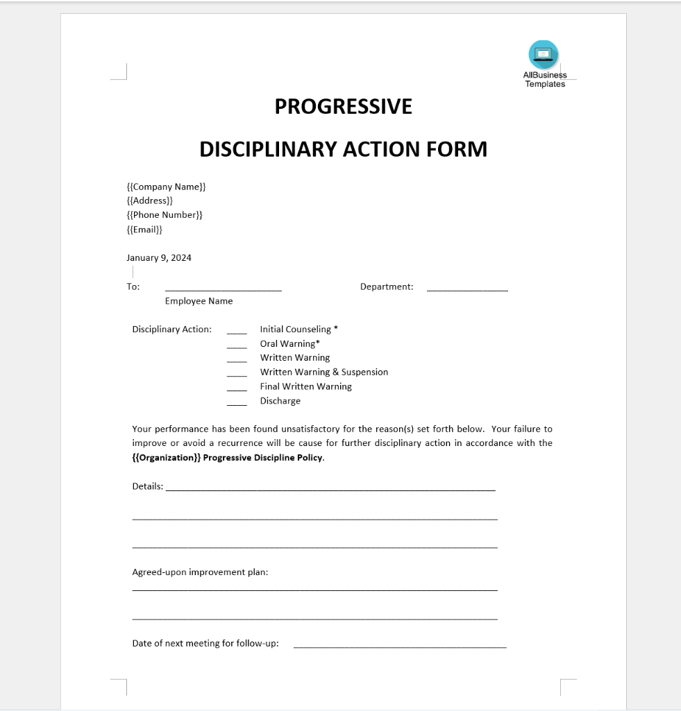 Progressive Disciplinary Action Form 模板