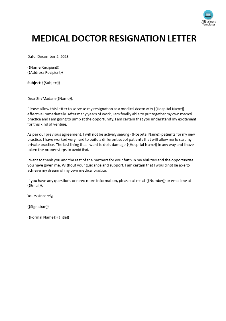 medical doctor resignation letter template