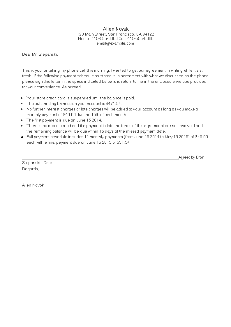 Payment Agreement Letter main image
