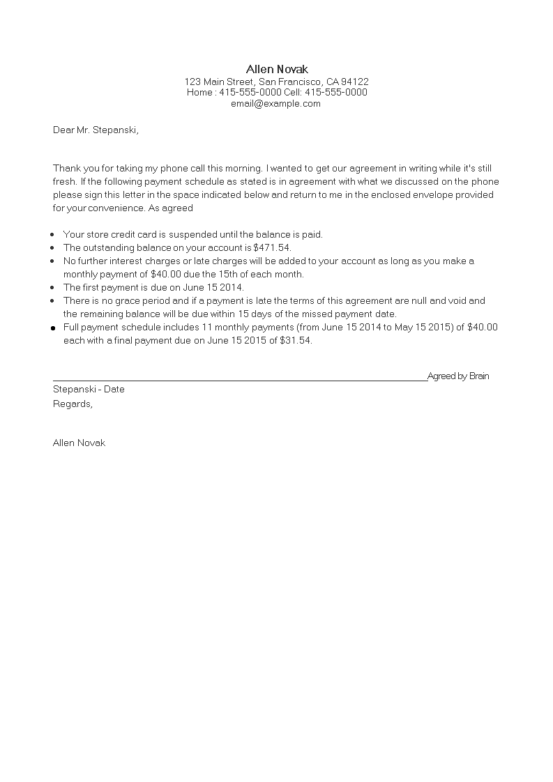 payment agreement letter template