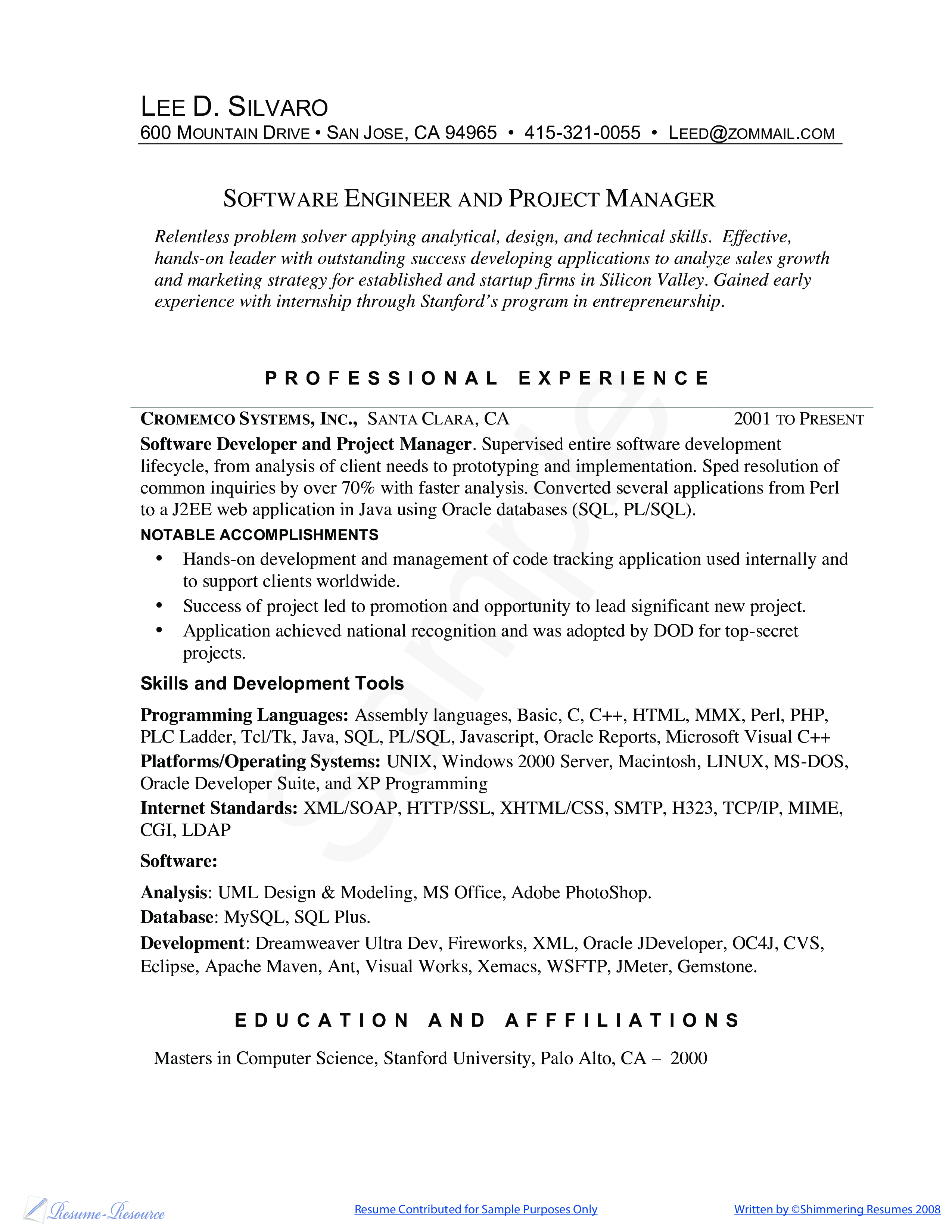 Software Engineer And Project Manager Resume Example 模板