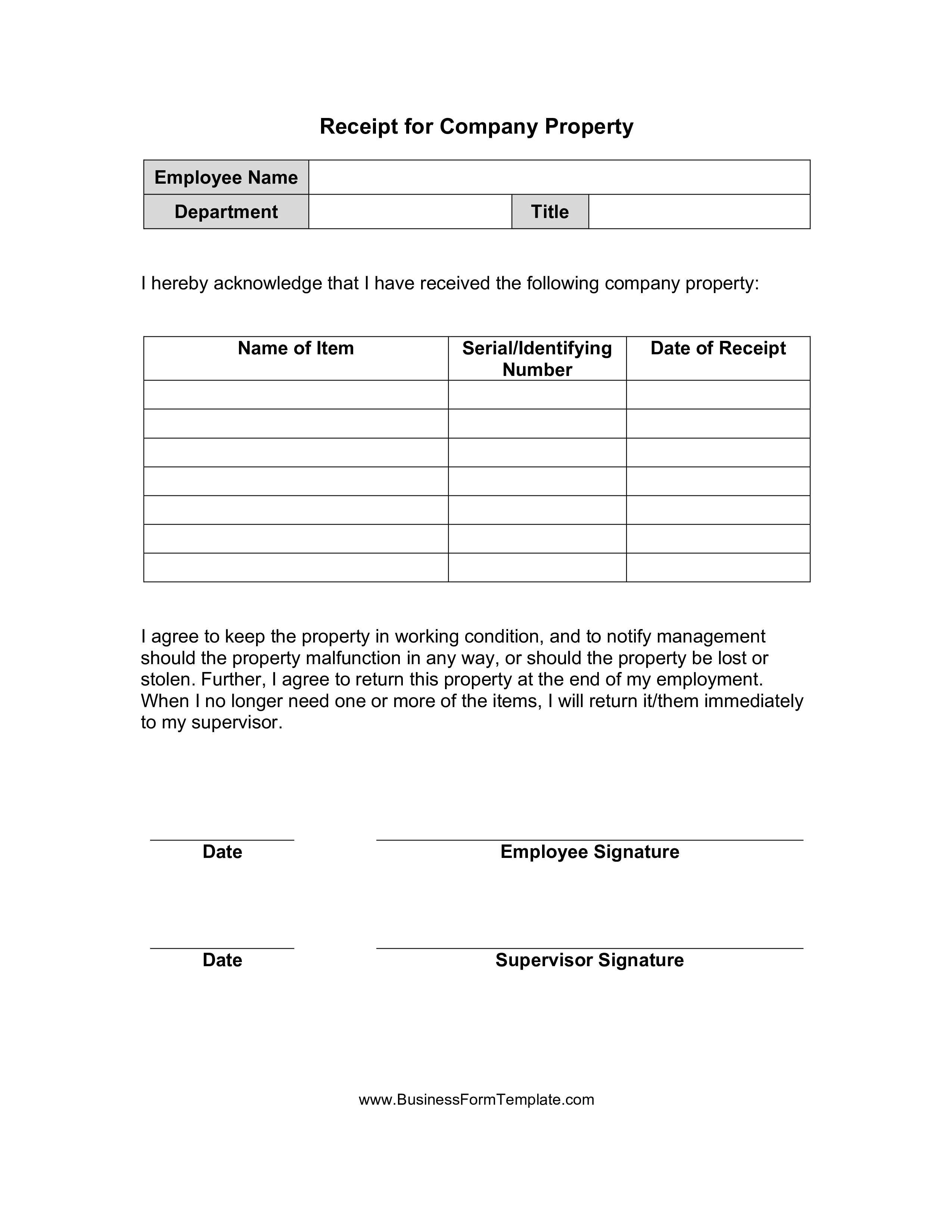 acknowledgement of receipt of company property voorbeeld afbeelding 