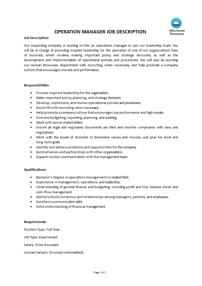 operation manager job description modèles