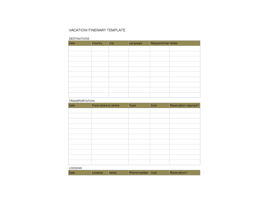 itinerary excel planner Hauptschablonenbild