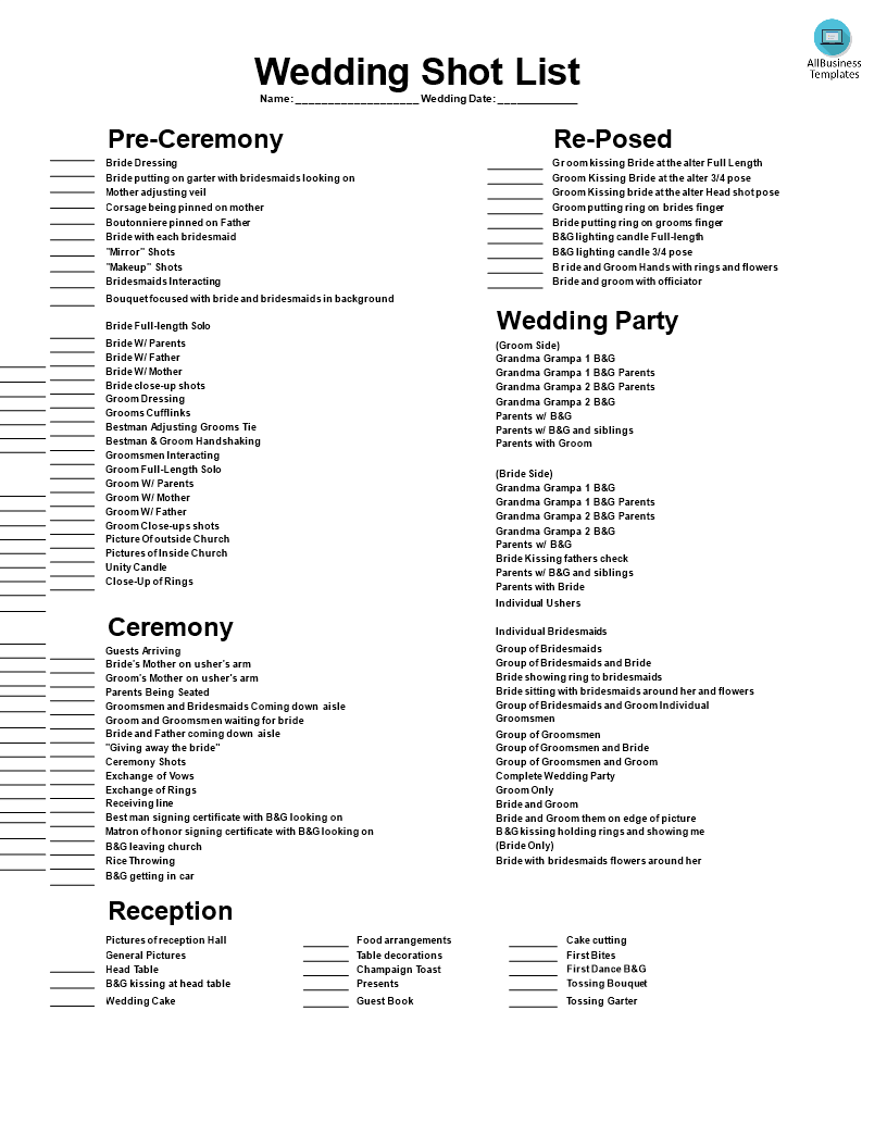 Wedding Shot List Template 模板
