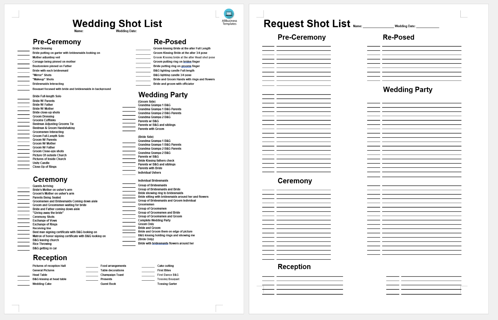 wedding shot list template template