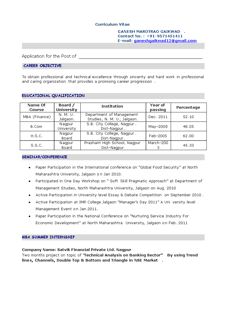 MBA Fresher Professional Resume main image