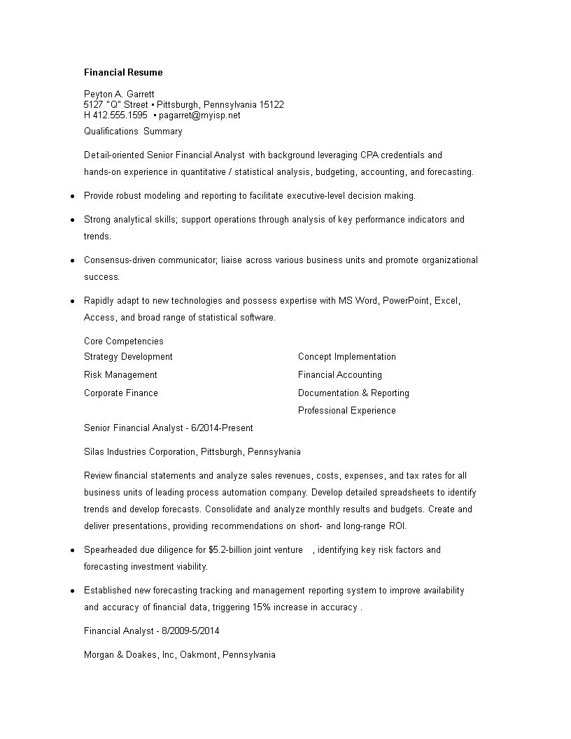 financial resume template