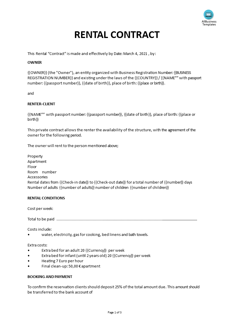 sample rental contract template